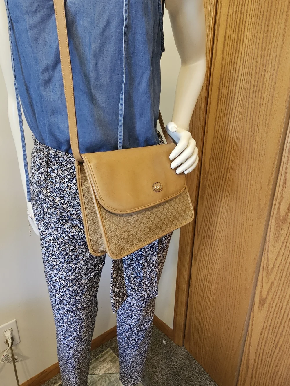 Celine Vintage Tan Leather & Monogram Crossbody Bag - Picture 2 of 16